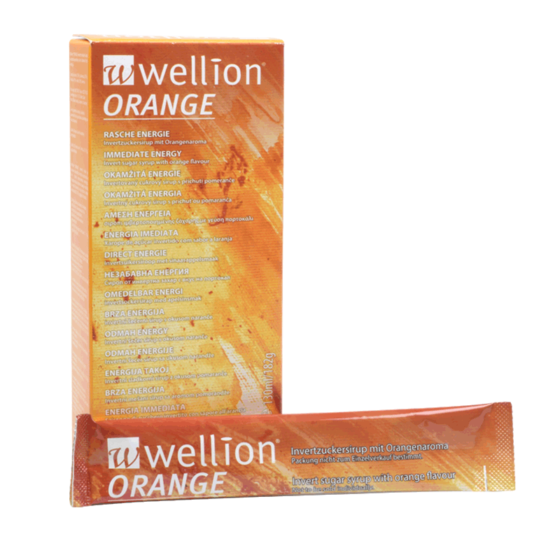 Der Wellion ORANGE Invertzuckersirup geht besonders rasch ins Blut, bringt prompte Energie. Die Beutel lassen sich leicht öffnen. Ein Beutel enthält 10-15g Kohlenhydrate. Der ideale Begleiter für unterwegs und beim Sport. Foto