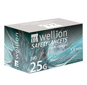 Wellion Safetylancets 25G - Ideal bei Sehproblemen, verminderter Feinmotorik und für ältere Menschen. Schnelle und einfache Handhabung. Sanft und sicher. Minimierte Schmerzen durch ultra-scharfe Nadel. Perfekt für medizinisches Fachpersonal, Krankenhäuser und Pflegeheime. Steril und Vermeidung von Stichverletzungen. Foto